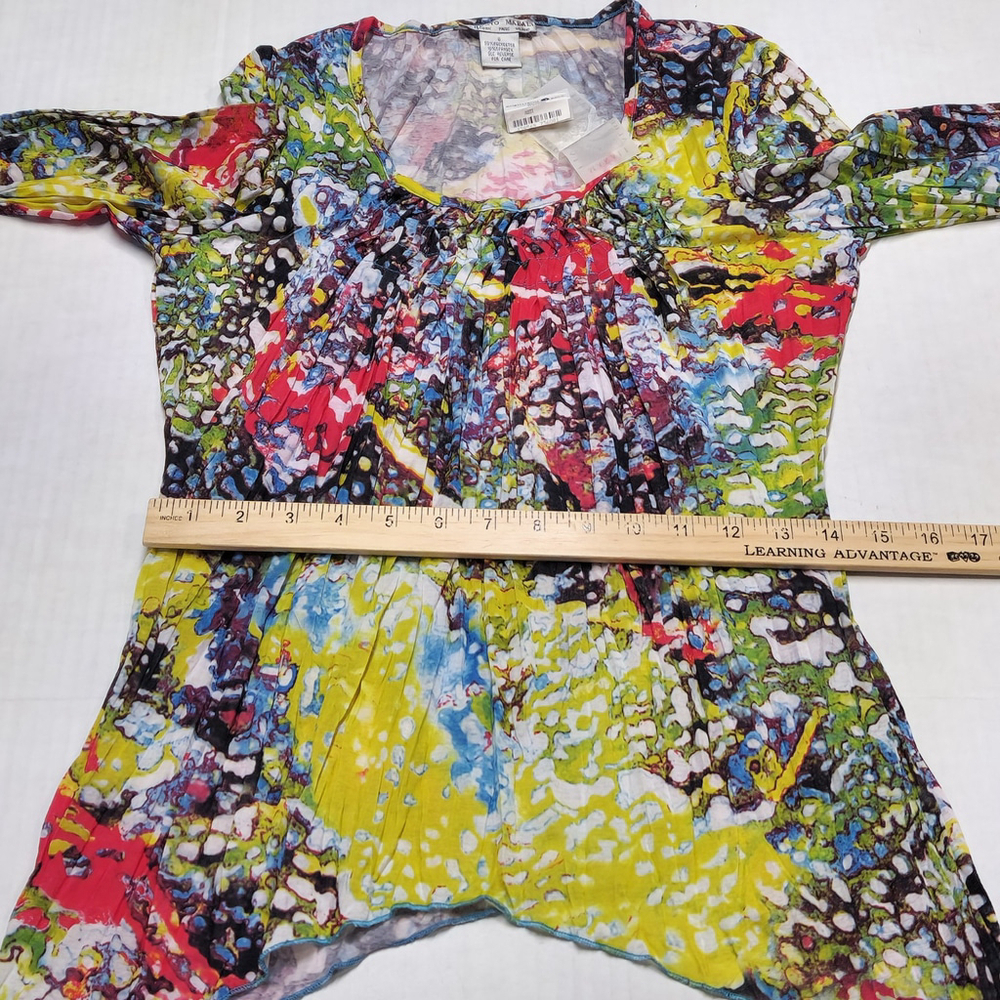 Chiffon Blouse 3/4 Sleeves Asymmetrical Hem Small Abstract Boho Colorful - Picture 7 of 9